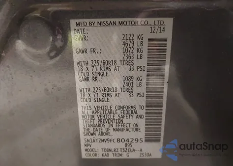 2015 Nissan Rogue Sl z USA, uszkodzony, nr VIN 5N1AT2MV9FC804295